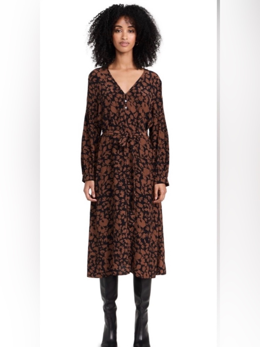 Rails Black and Brown Floral Long Sleeve Midi Dress with matching Belt tie